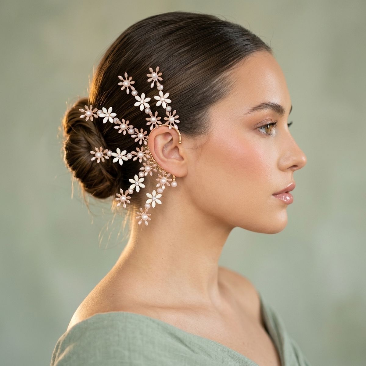 Bridal Rose Gold Floral Left Ear Cuff Earring