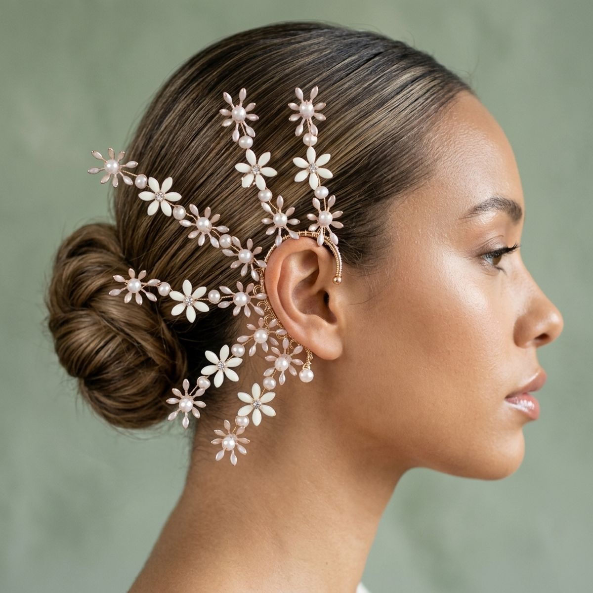 Bridal Rose Gold Floral Left Ear Cuff Earring
