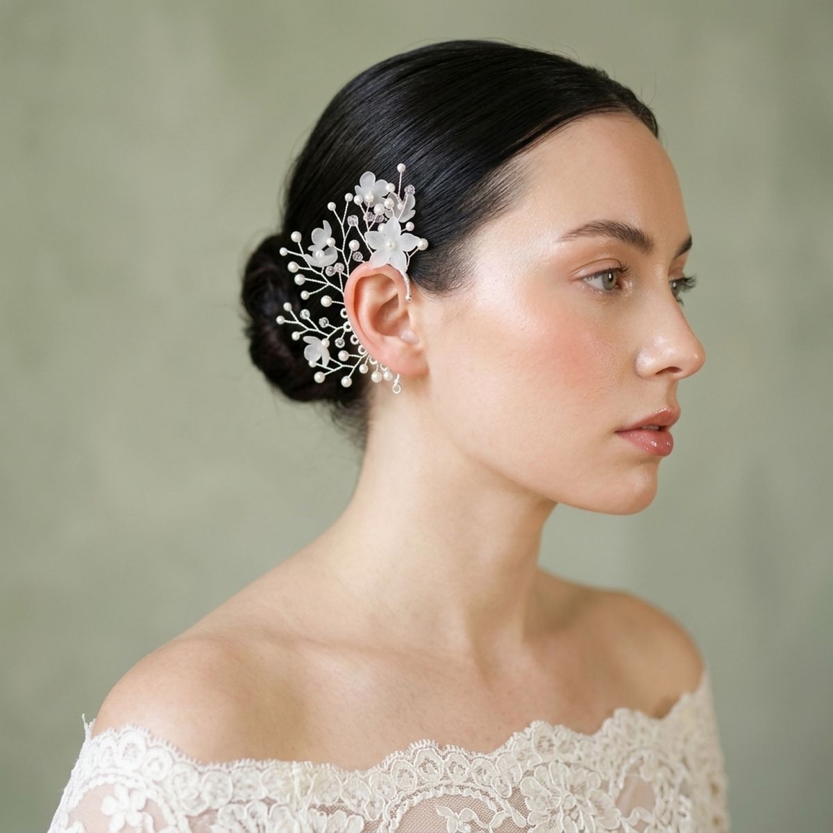 Bridal Silver Pearl Floral Left Ear Cuff Earring