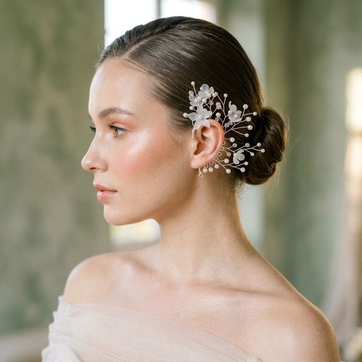 Bridal Silver Pearl Floral Left Ear Cuff Earring
