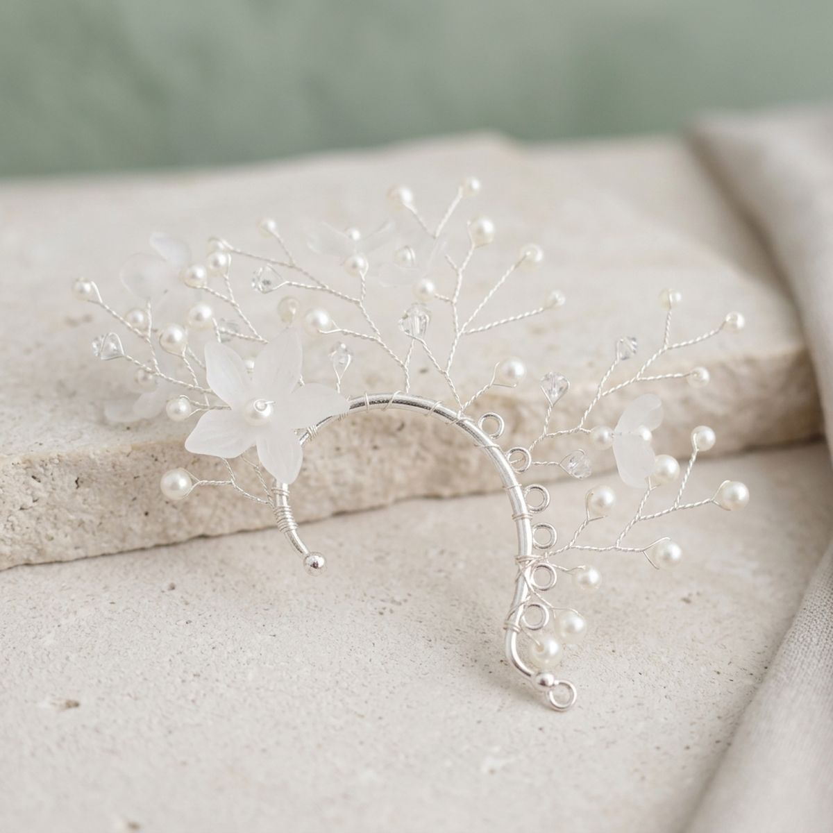 Bridal Silver Pearl Floral Left Ear Cuff Earring