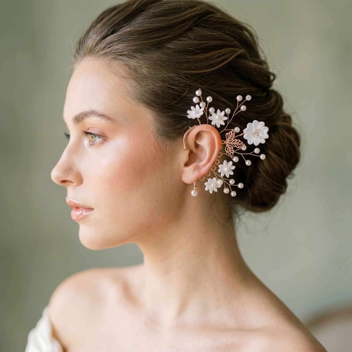 Bridal Gold Pearl White Flower Left Ear Cuff Earring