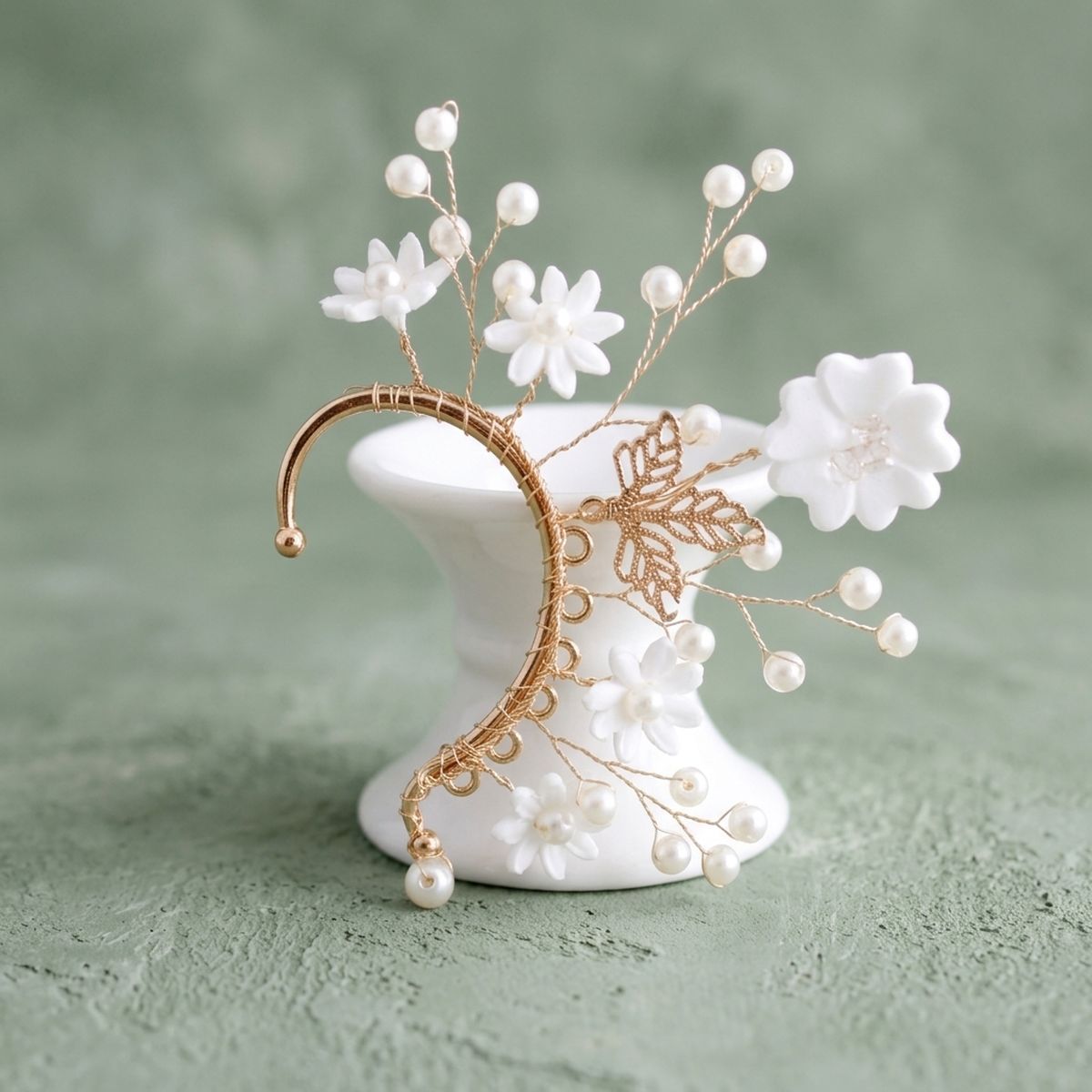 Bridal Gold Pearl White Flower Left Ear Cuff Earring
