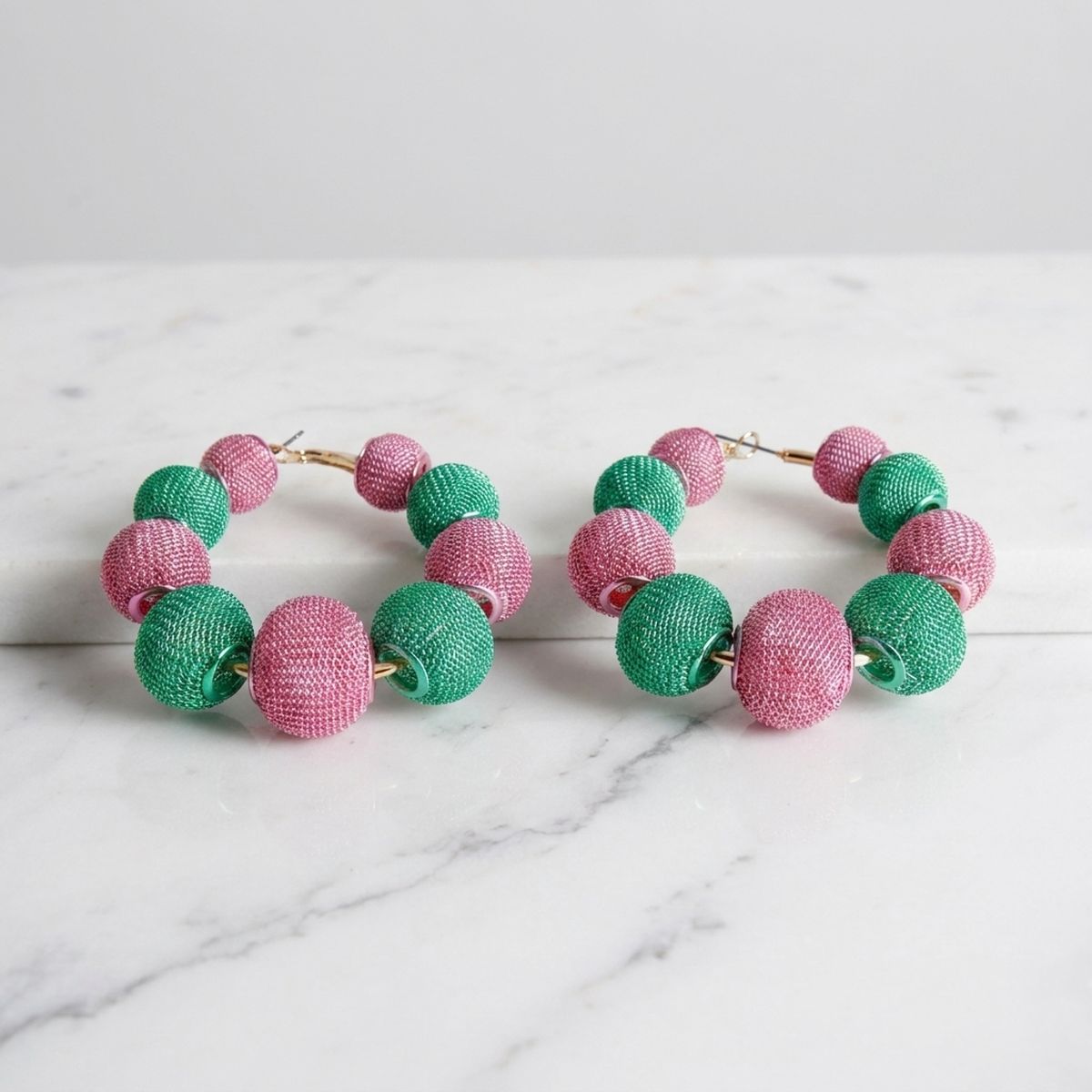 AKA Pink Green Mesh Ball Hypoallergenic Hoops