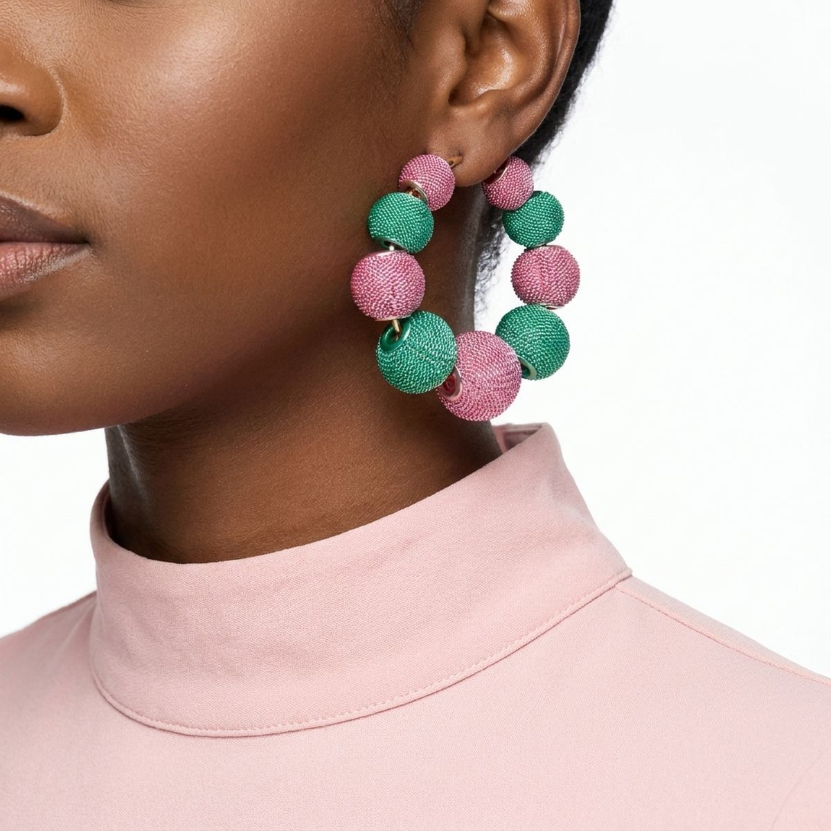AKA Pink Green Mesh Ball Hypoallergenic Hoops