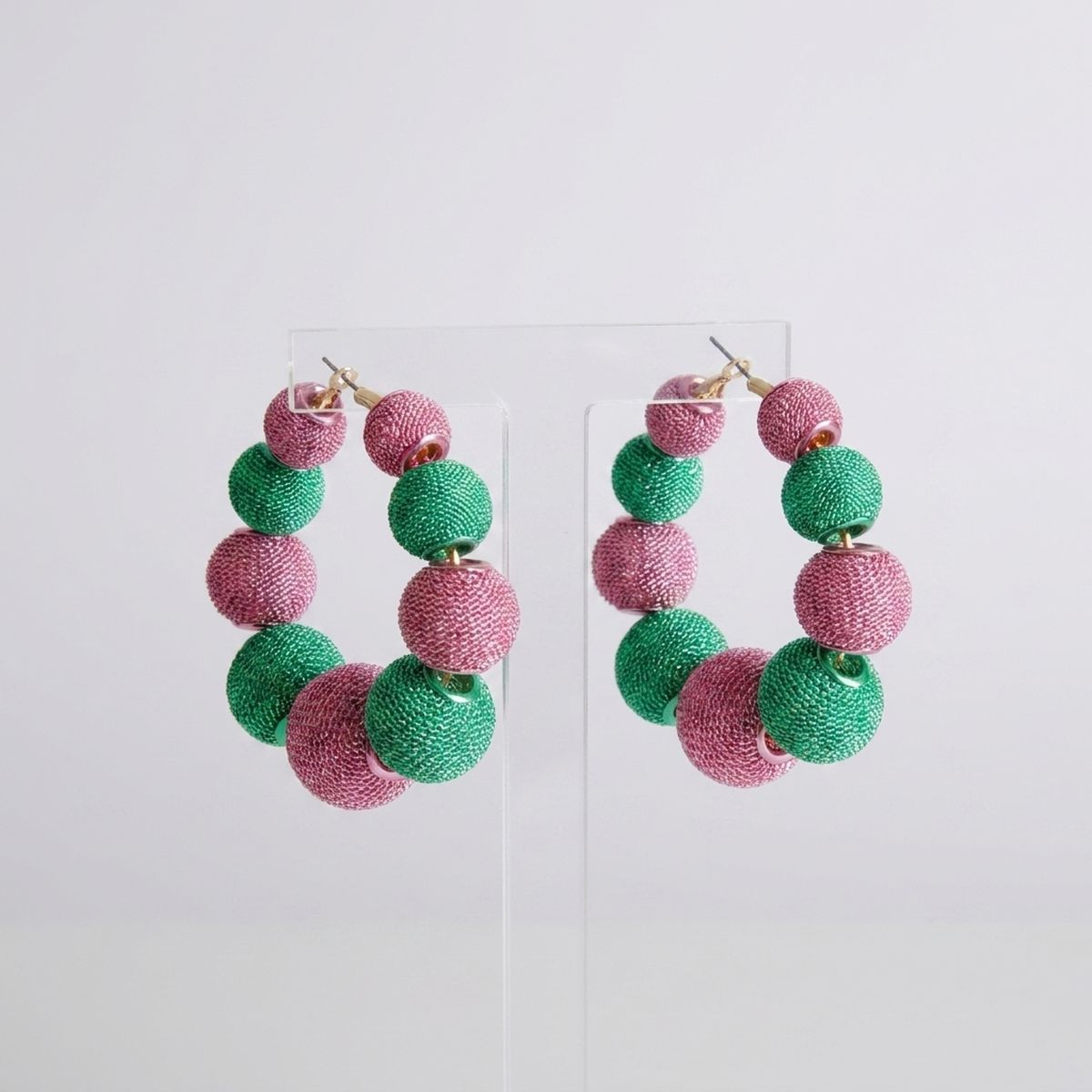 AKA Pink Green Mesh Ball Hypoallergenic Hoops