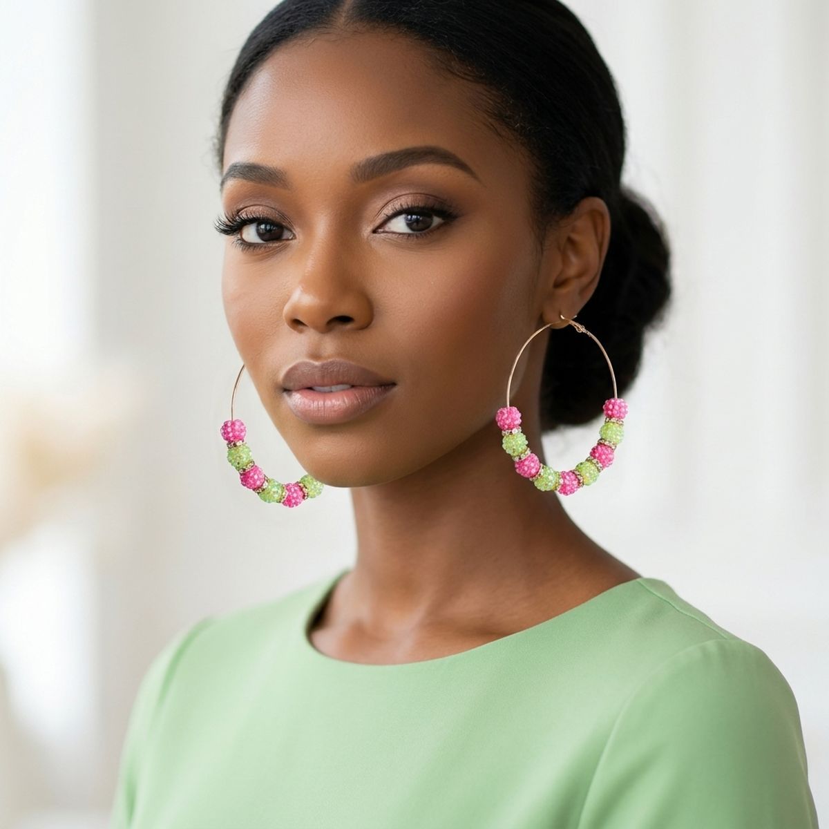 AKA Pink Green Stone Ball Hypoallergenic Hoops