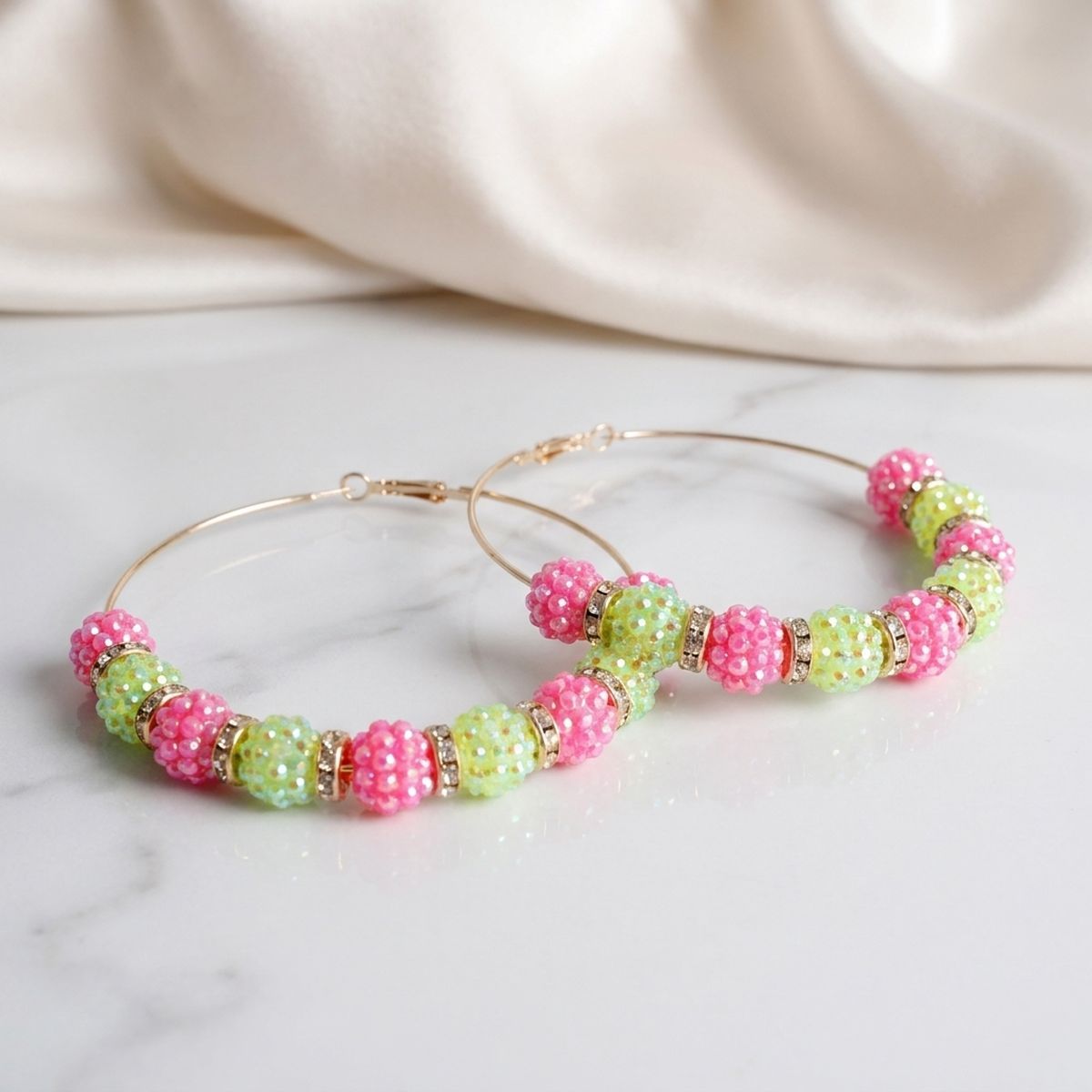 AKA Pink Green Stone Ball Hypoallergenic Hoops