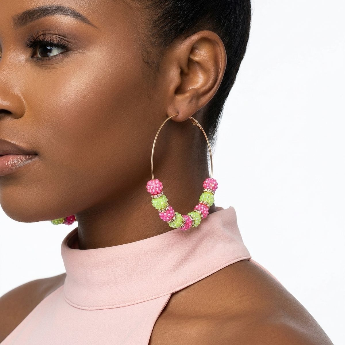 AKA Pink Green Stone Ball Hypoallergenic Hoops