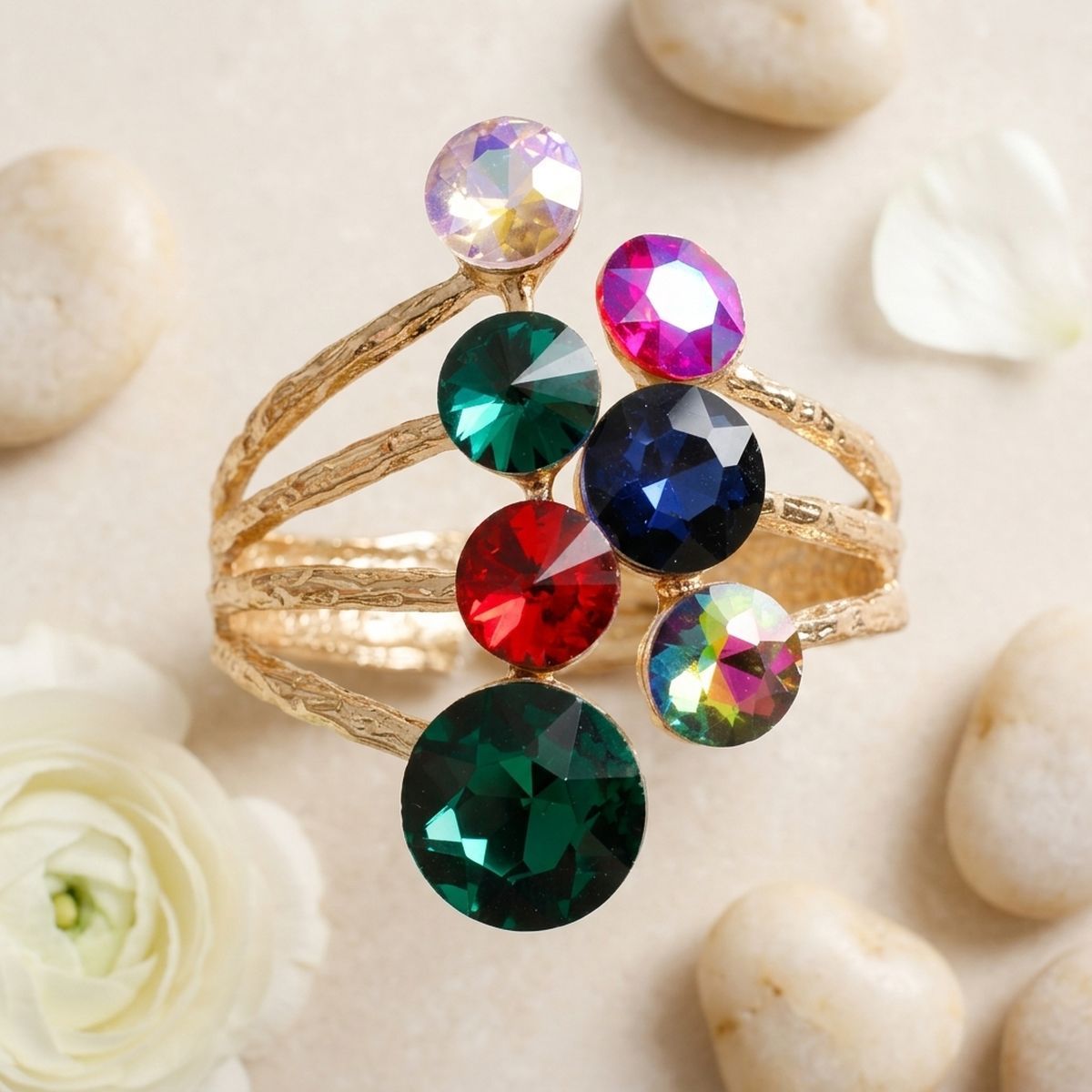 Round Multicolor Glass Crystal Cuff Bracelet