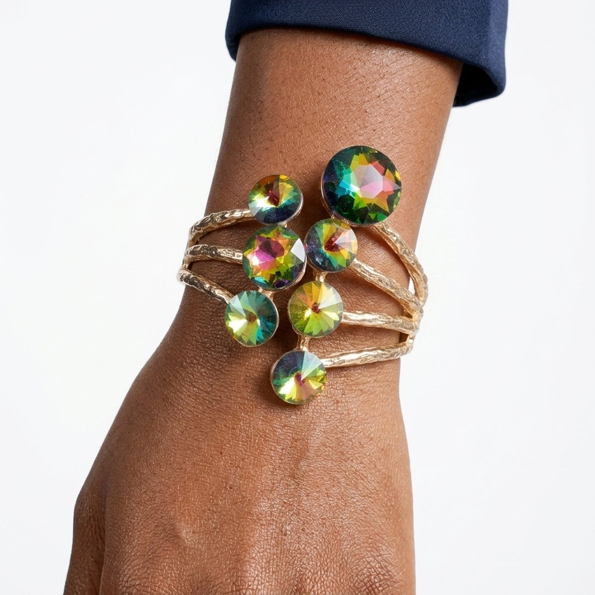 Round Pink Green Glass Crystal Cuff Bracelet
