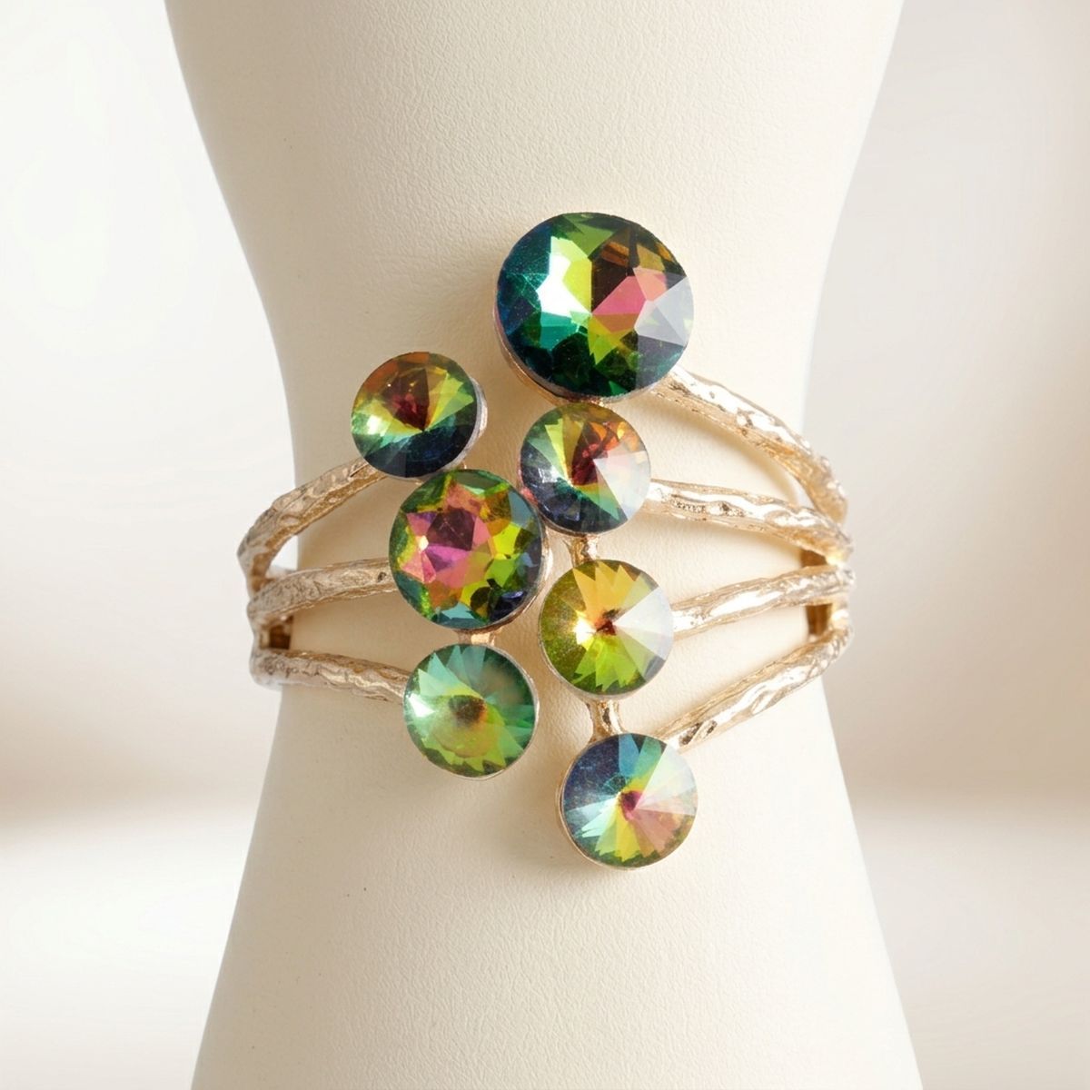 Round Pink Green Glass Crystal Cuff Bracelet