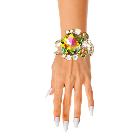Gold Round Pink Green Crystals Hinge Cuff