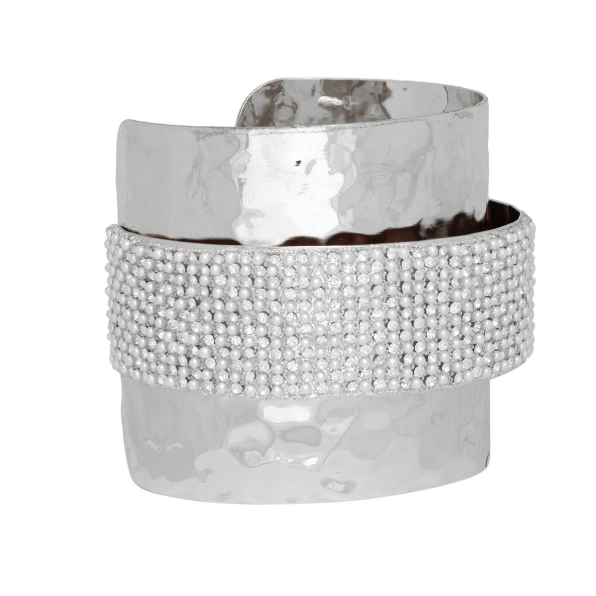 Cuff Wide Silver Opulent White Pearl Band Bracelet