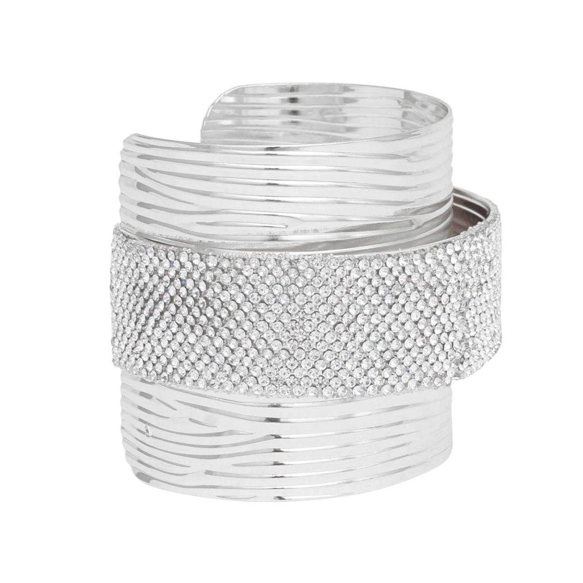 Cuff Silver Ribbed Clear Rhinestone Band Bracelet