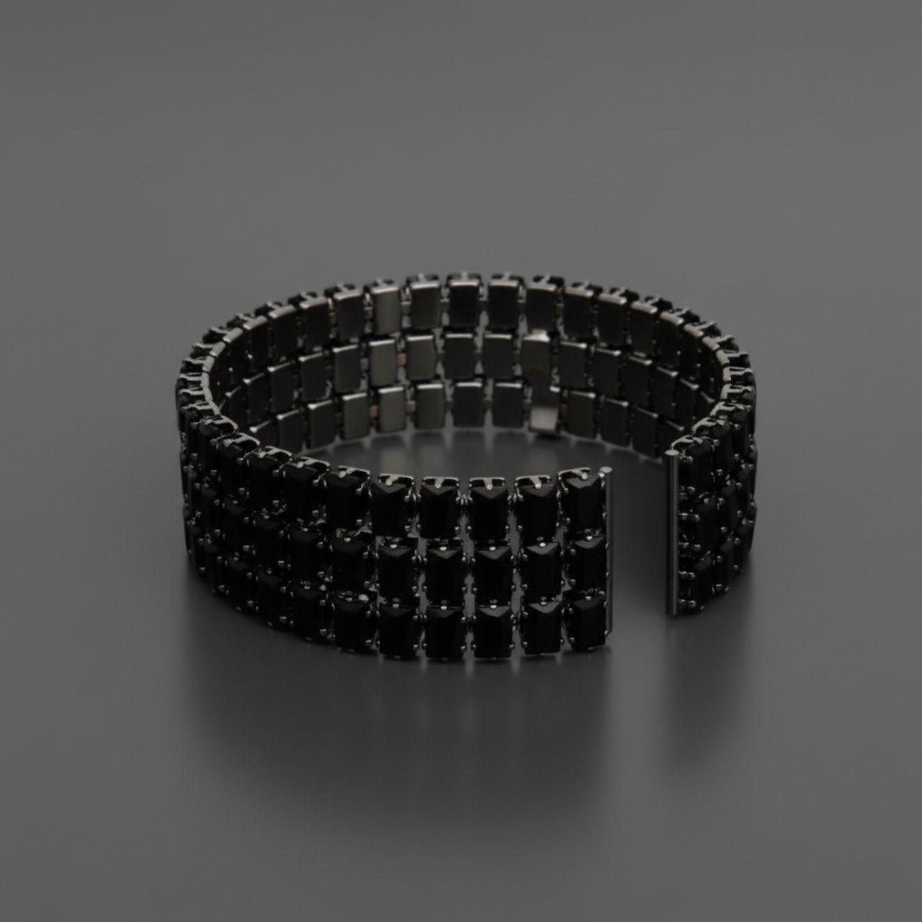 Cuff Baguette CZ 3 Row Black Memory Wire Bracelet