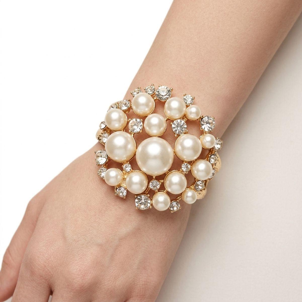 Cuff Cream Pearl and Crystal Ornate Bracelet
