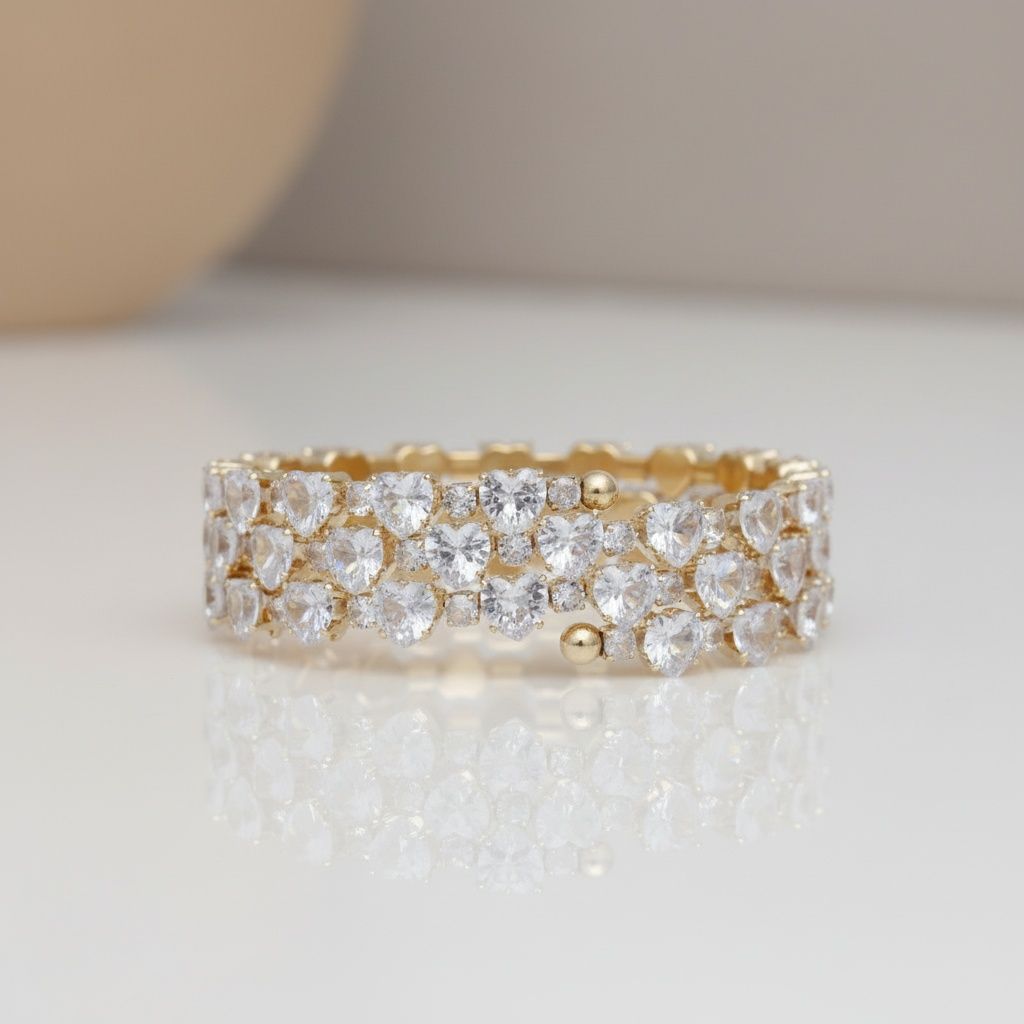 Tennis Heart Crystal CZ Gold Memory Wire Bracelet