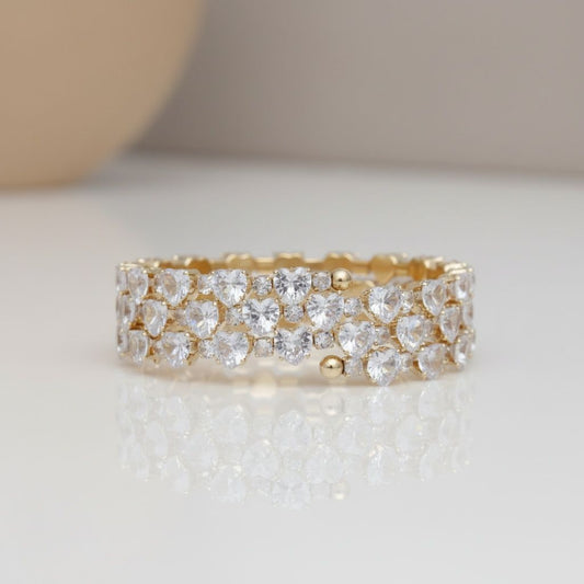 Tennis Heart Crystal CZ Gold Memory Wire Bracelet