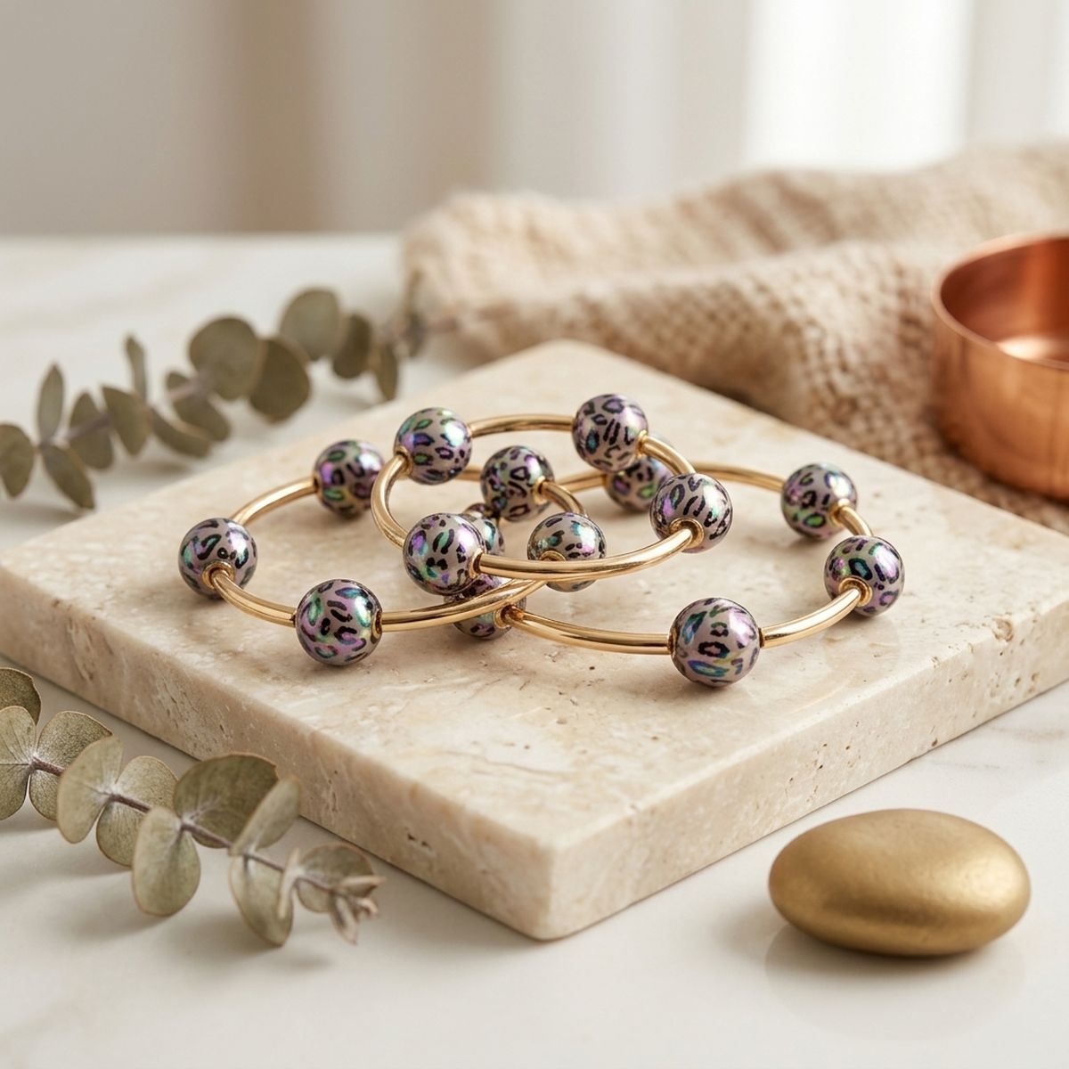 Iridescent Leopard Bead 3pcs Stretch Bracelet Set