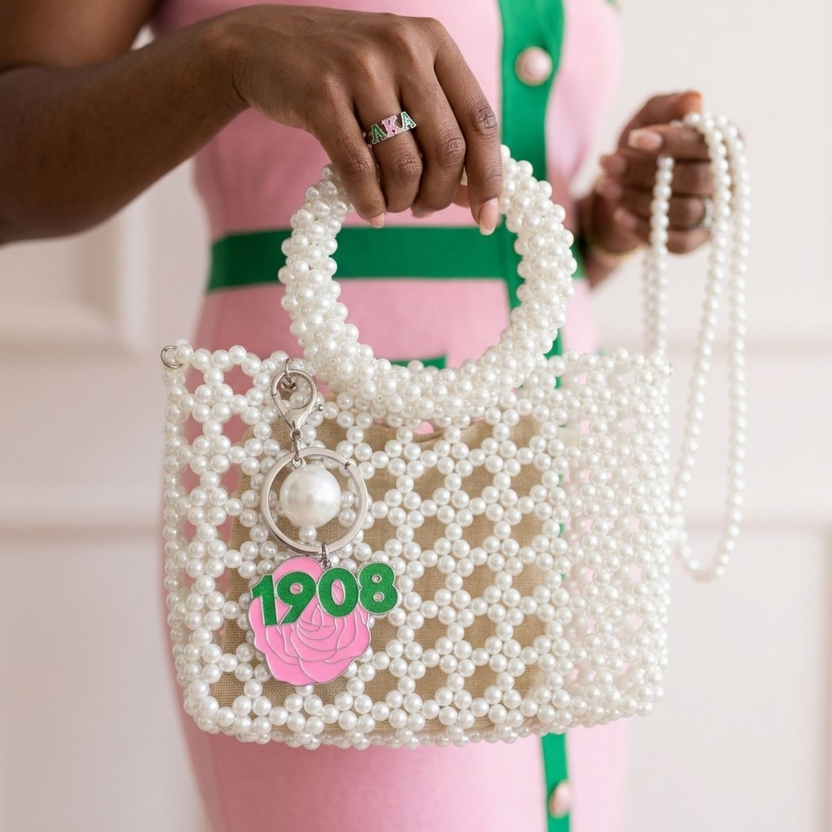 AKA Top Handle Square White Pearl Bag with Charms
