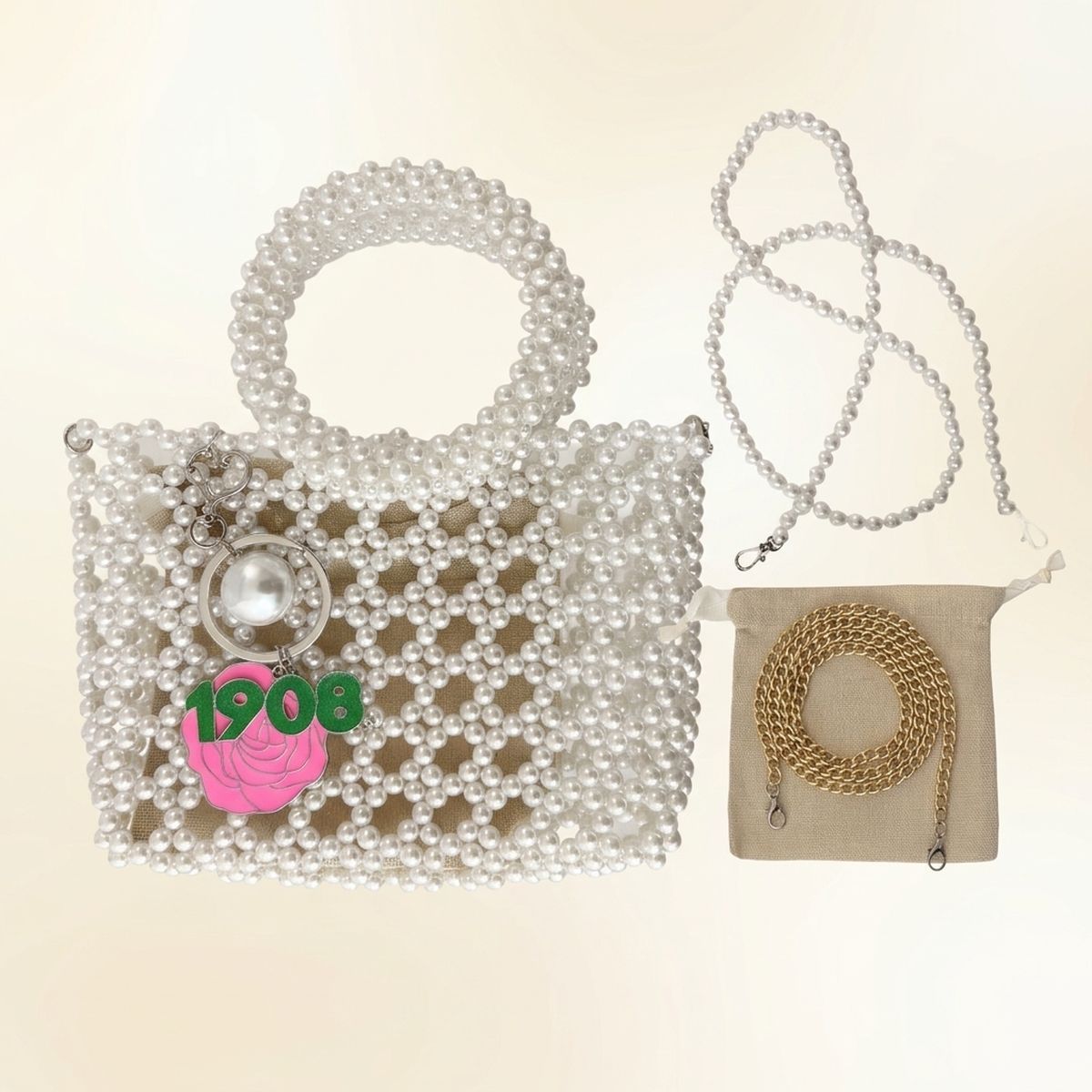 AKA Top Handle Square White Pearl Bag with Charms