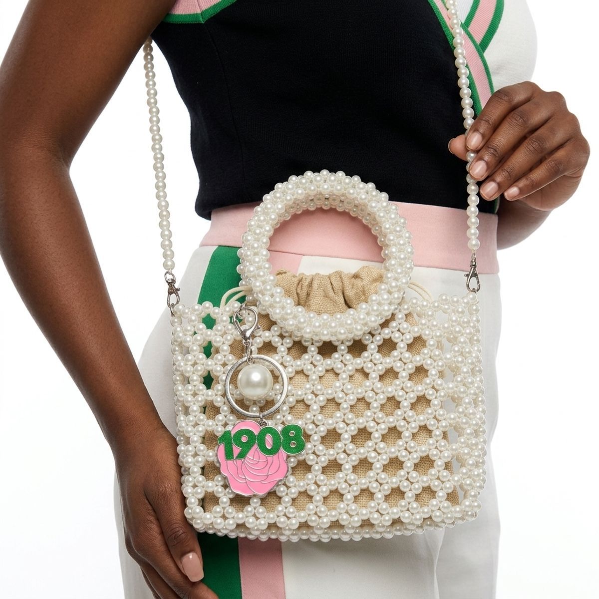 AKA Top Handle Square White Pearl Bag with Charms