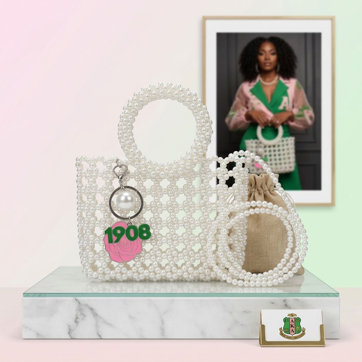 AKA Top Handle Square White Pearl Bag with Charms