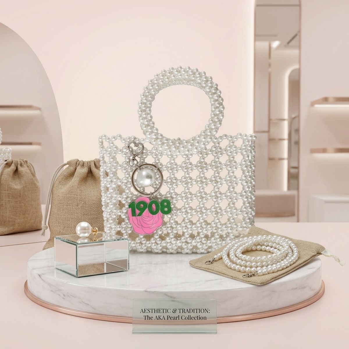 AKA Top Handle Square White Pearl Bag with Charms