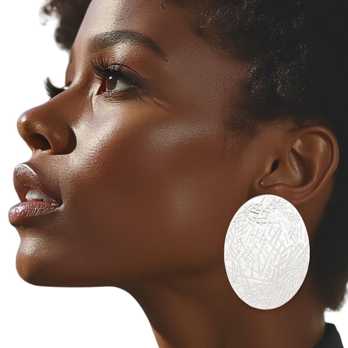 Stud Silver Metal Scratched Oval Plate Earrings
