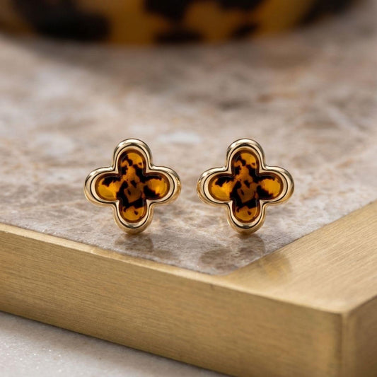 Stud Quatrefoil Brown Tortoiseshell Gold Earrings