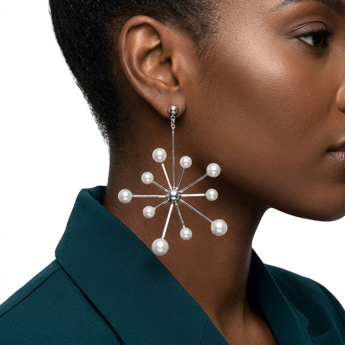 Drop Modern White Pearl Starburst Silver Earrings