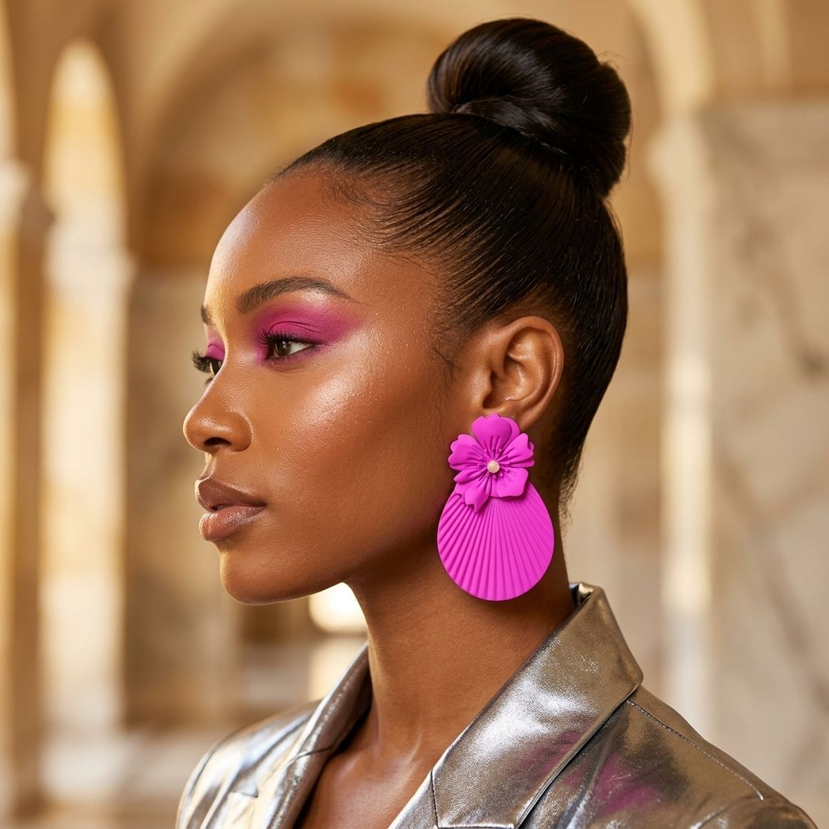 Large Stud Fuchsia Flower Fanned Teardrop Earrings