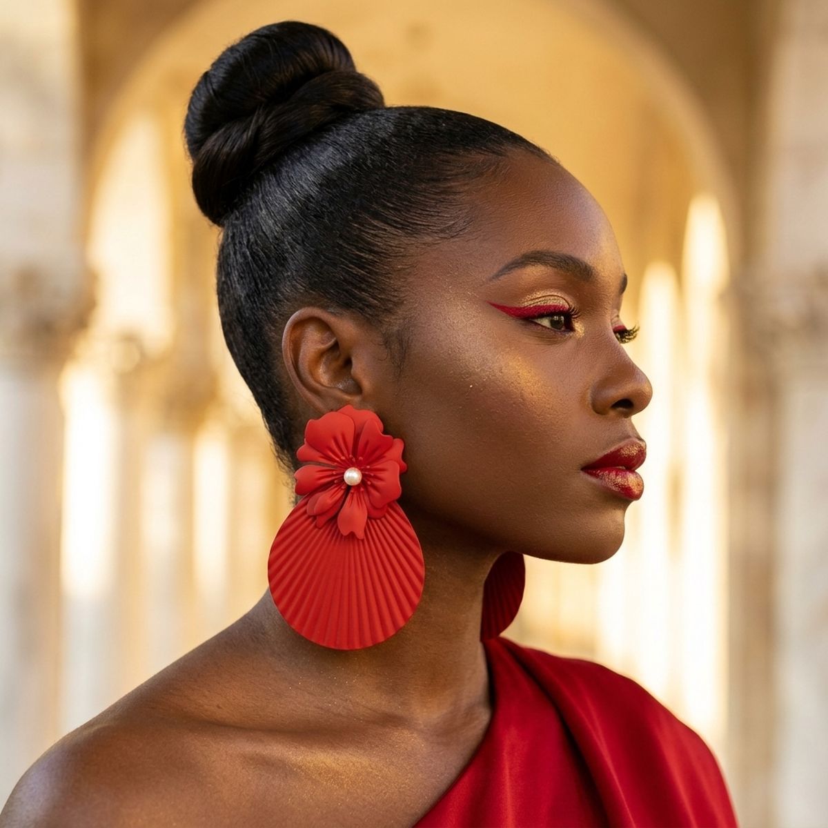 Large Stud Red Flower Fanned Teardrop Earrings