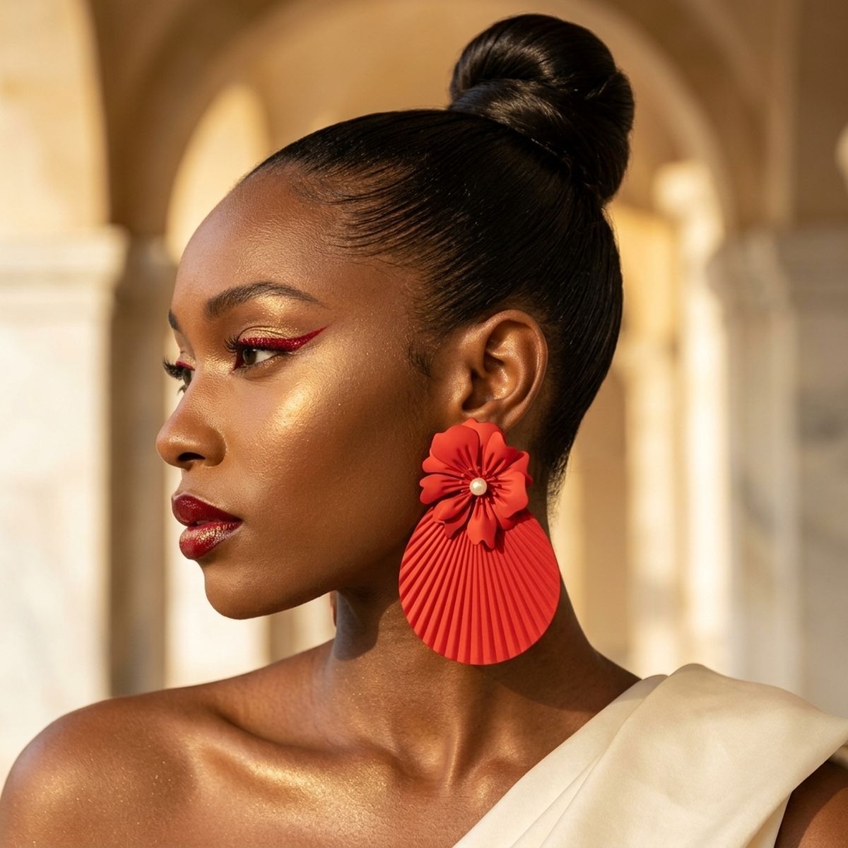 Large Stud Red Flower Fanned Teardrop Earrings