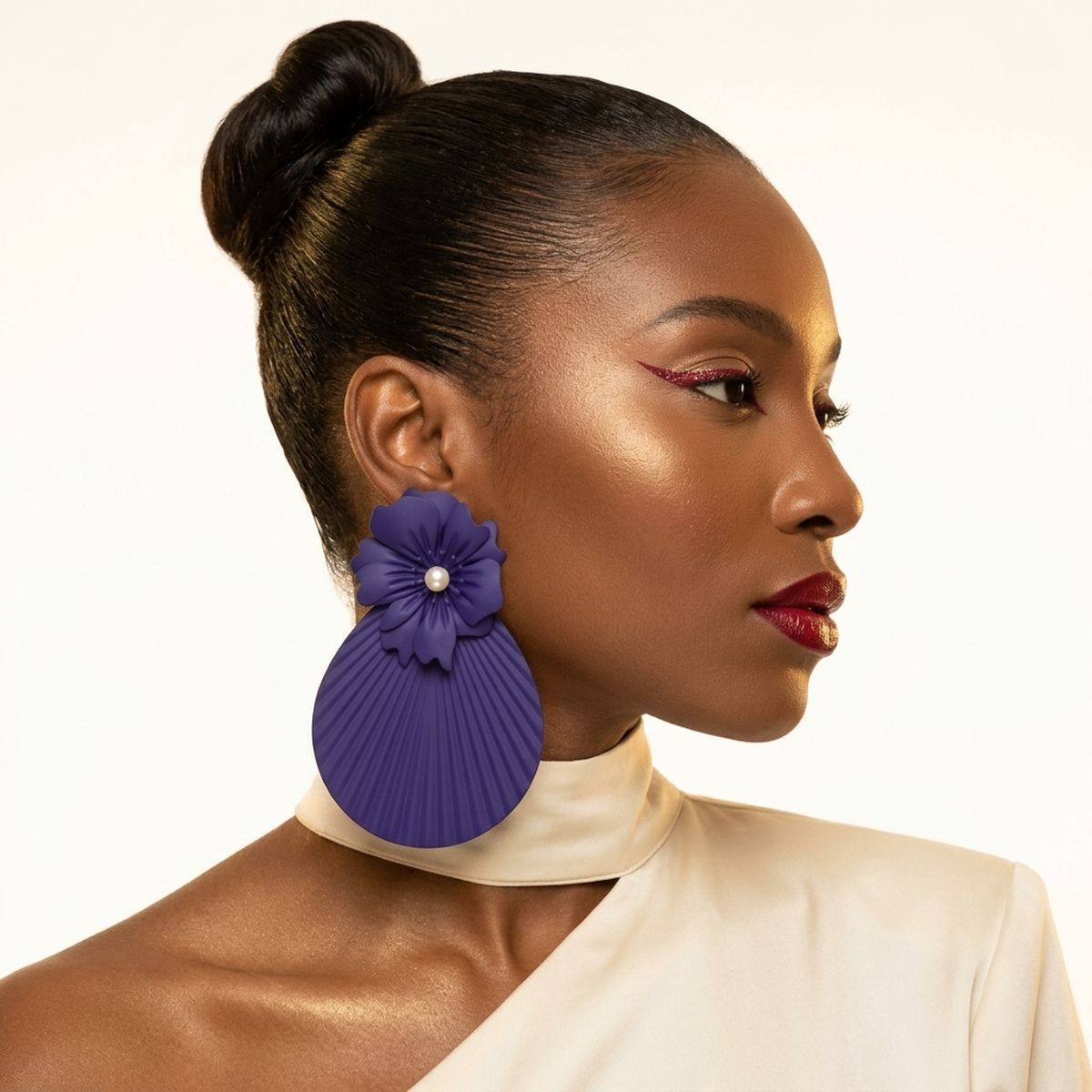 Large Stud Blue Flower Fanned Teardrop Earrings