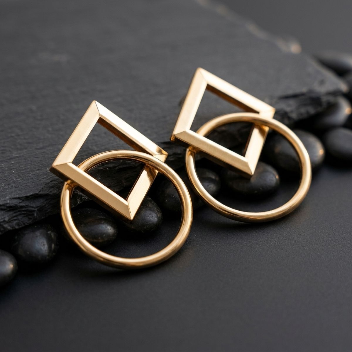 Gold Geometric Diamond Circle Drop Earrings