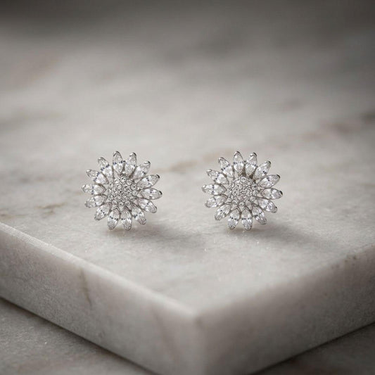 Clip On Silver Glass Crystal Sunflower Earrings