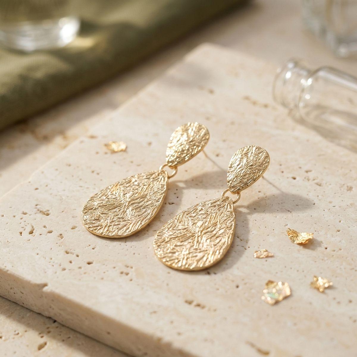 Clip On Double Teardrop Melted Gold Earrings
