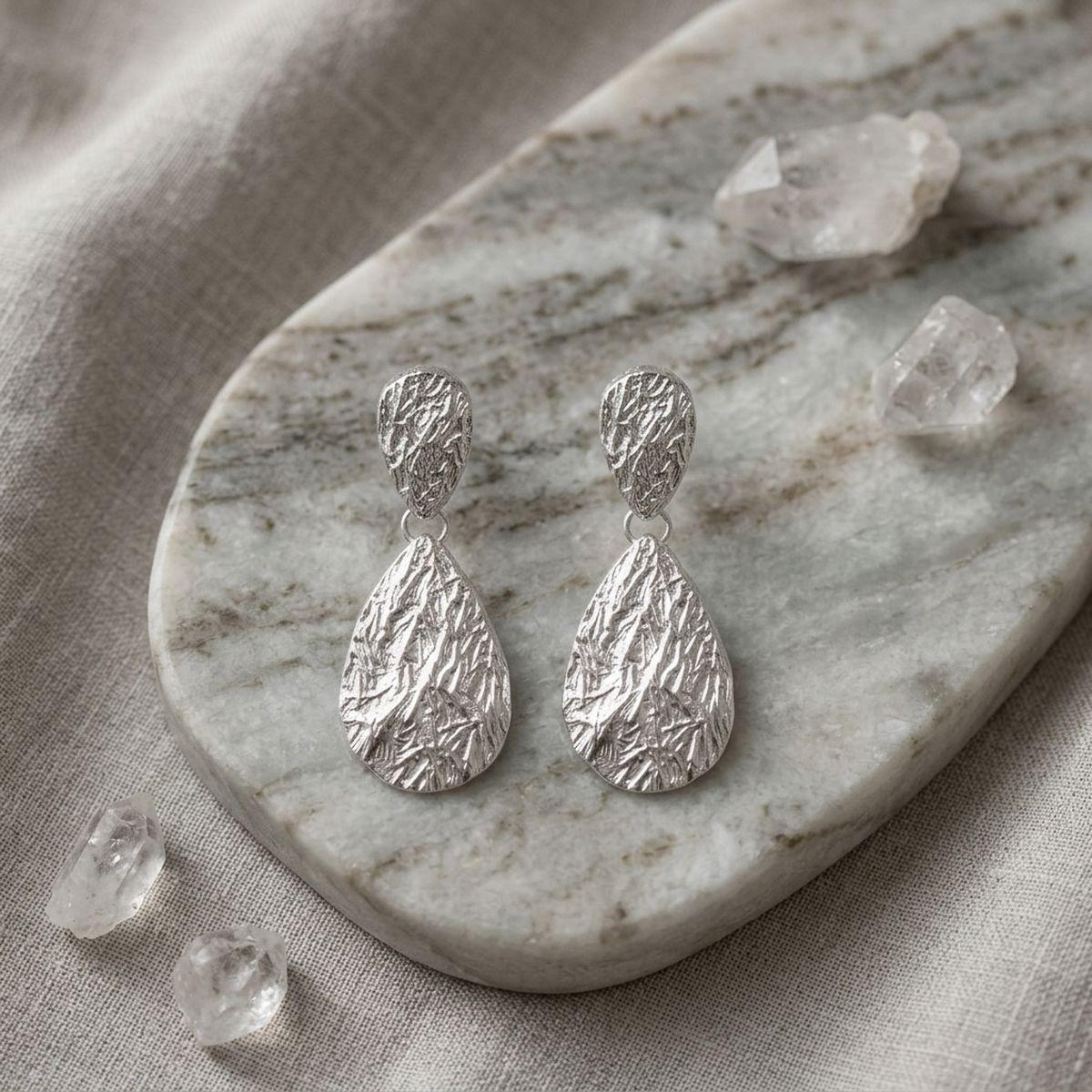 Clip On Double Teardrop Melted Silver Earrings