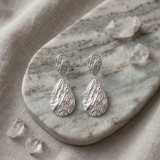 Clip On Double Teardrop Melted Silver Earrings