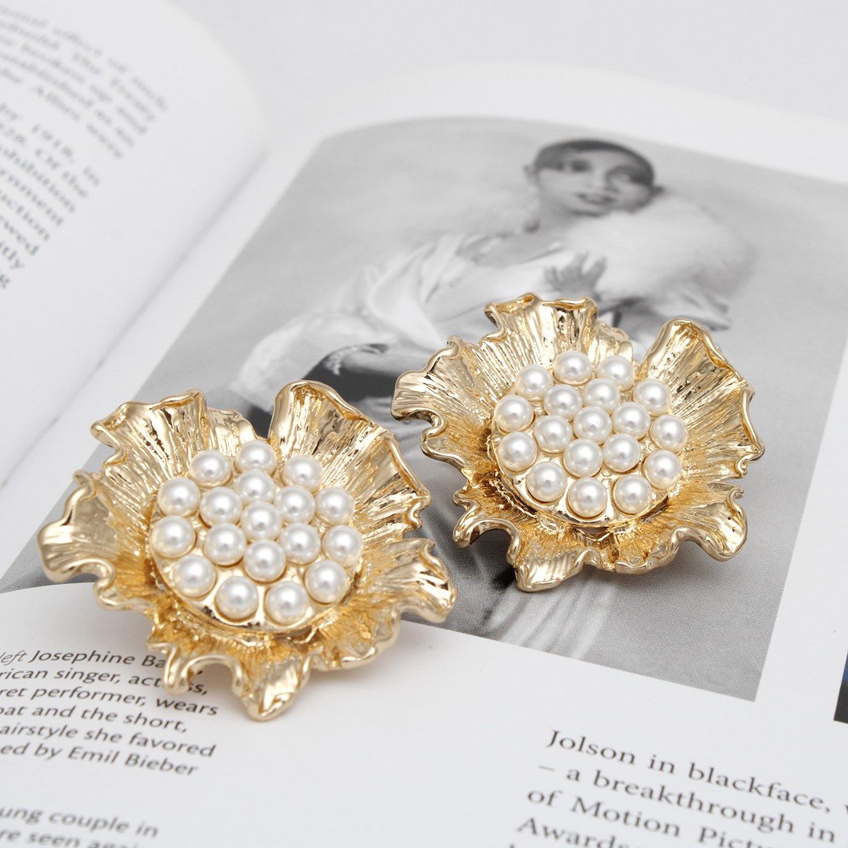Clip On Gold Sculpted Floral Cream Pearl Earrings