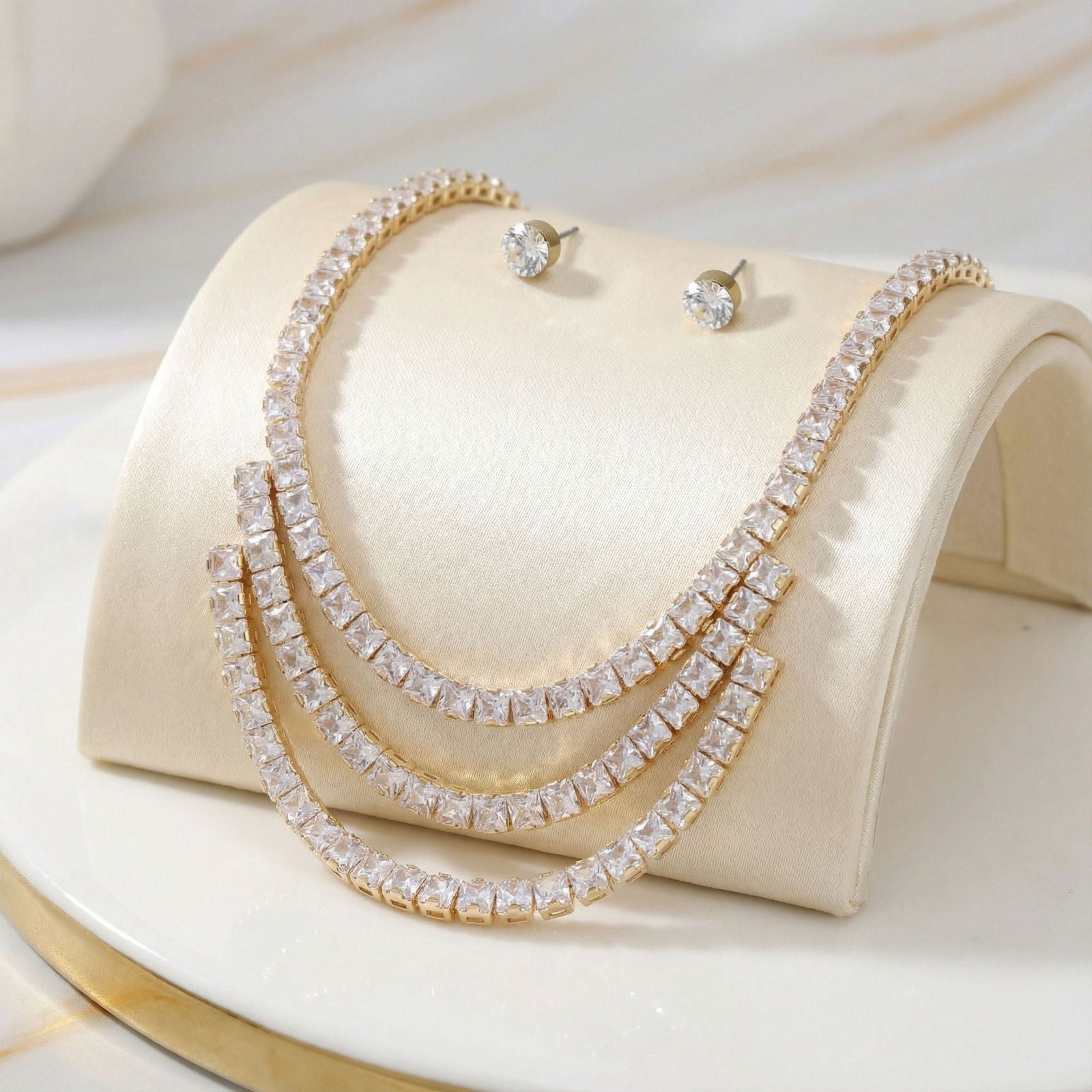 Tennis Style Shimmering Crystal Gold Necklace