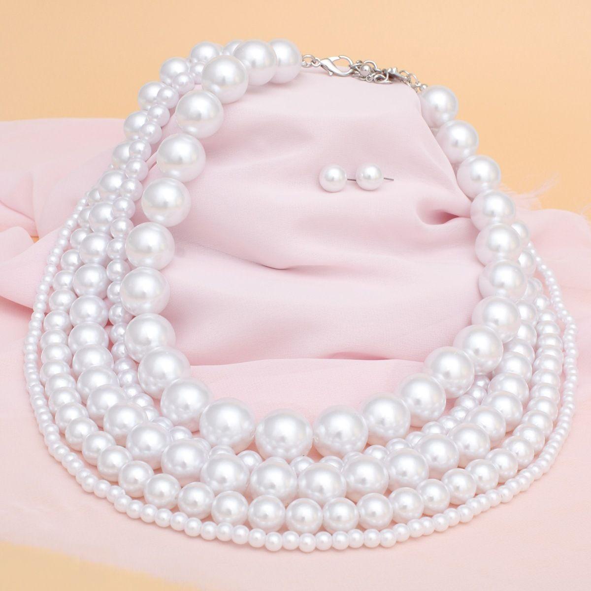 Pearl White 5 Strand Chunky Layered Necklace