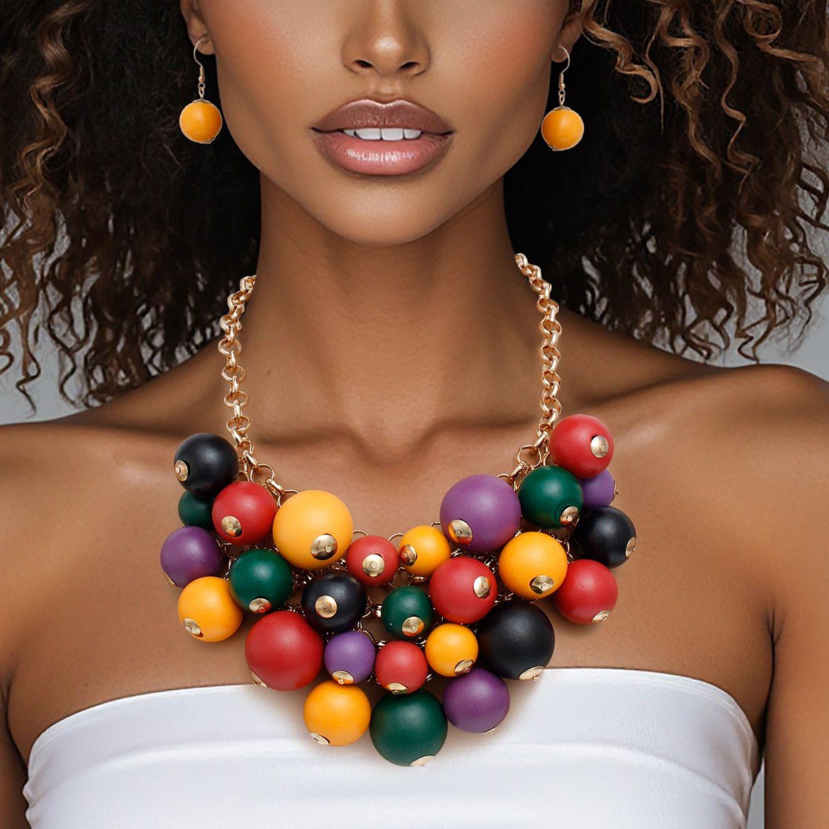 Bib Chunky Multicolor Wood Bead Chainmaille Necklace
