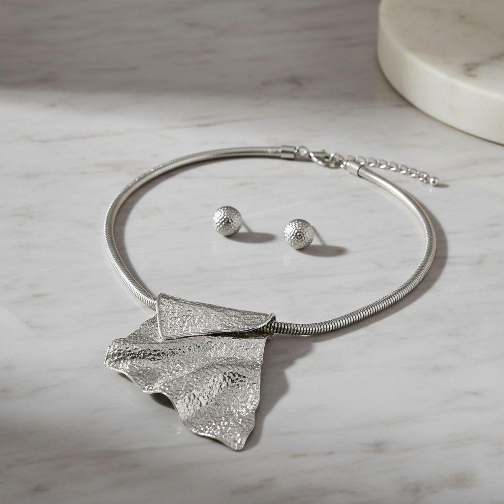 Power Pendant Silver Folded Metal Modern Necklace