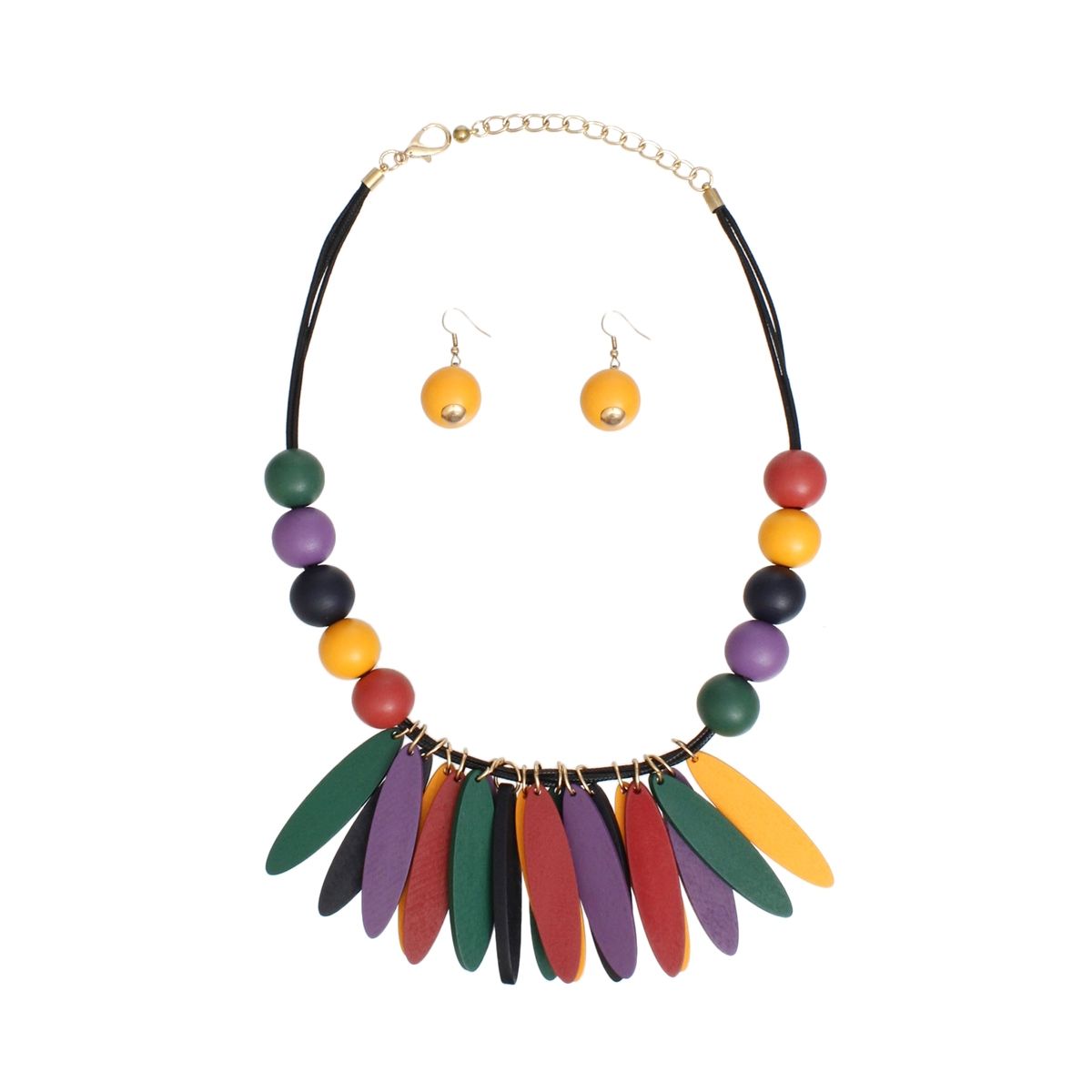 Bib Oval Wood Bead Multicolor Necklace for Women