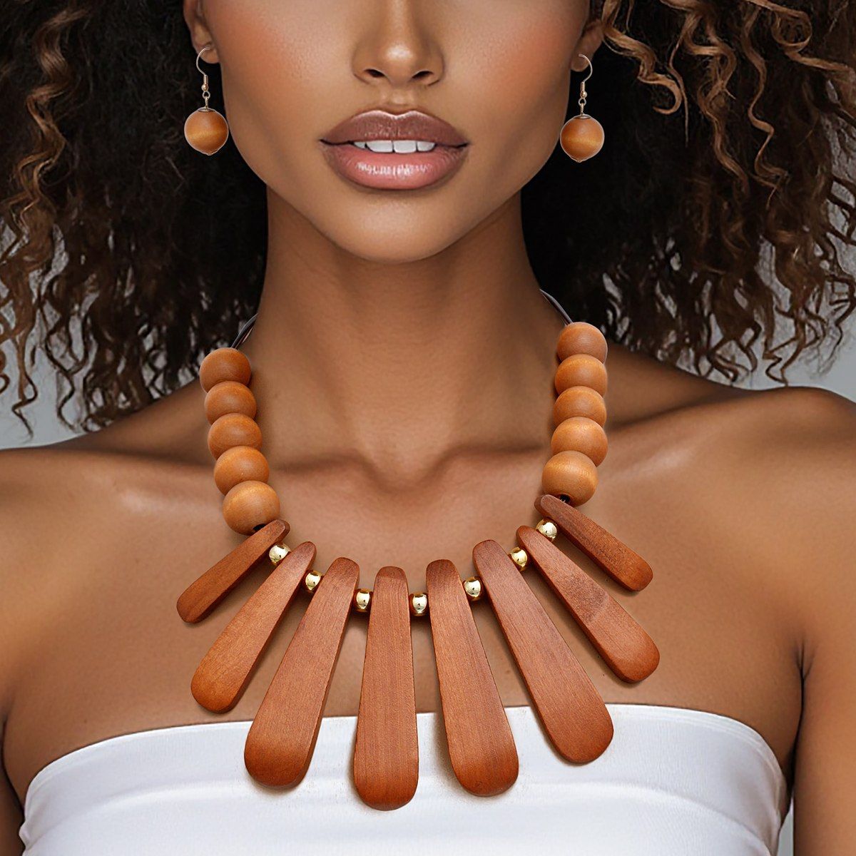 Bib Refined Tribal Brown Wood Curved Bead Necklace