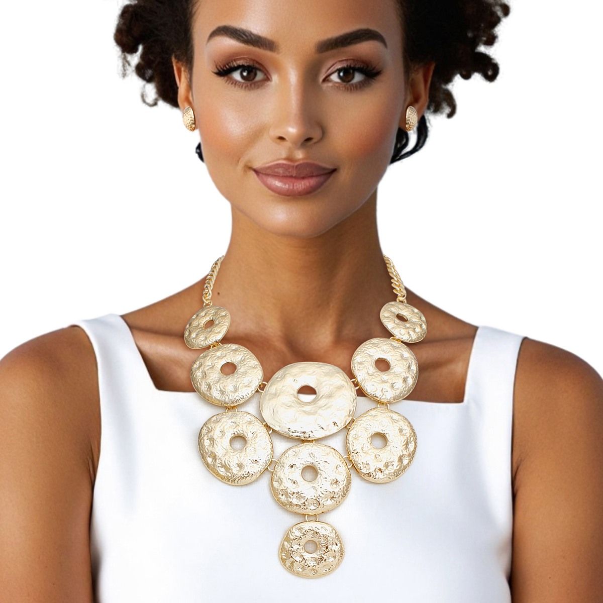 Bib Chunky Hammered Gold Metal Donut Necklace