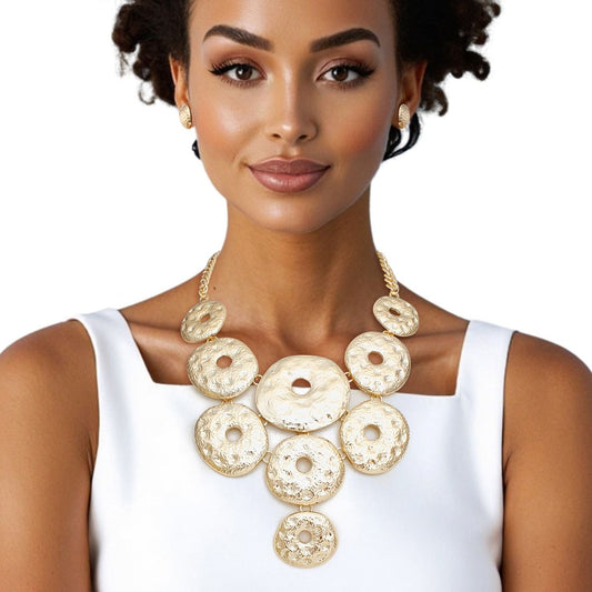 Bib Chunky Hammered Gold Metal Donut Necklace